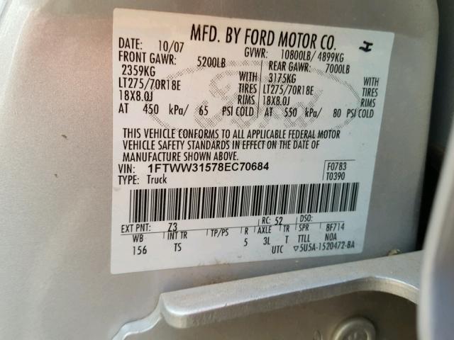 1FTWW31578EC70684 - 2008 FORD F350 SRW S GRAY photo 10