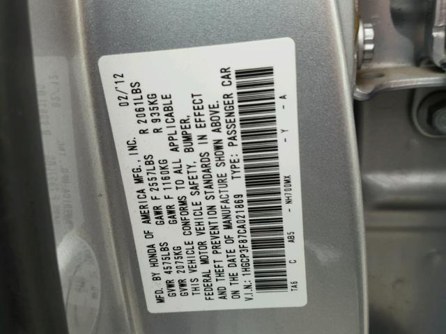 1HGCP3F87CA021869 - 2012 HONDA ACCORD EXL SILVER photo 10