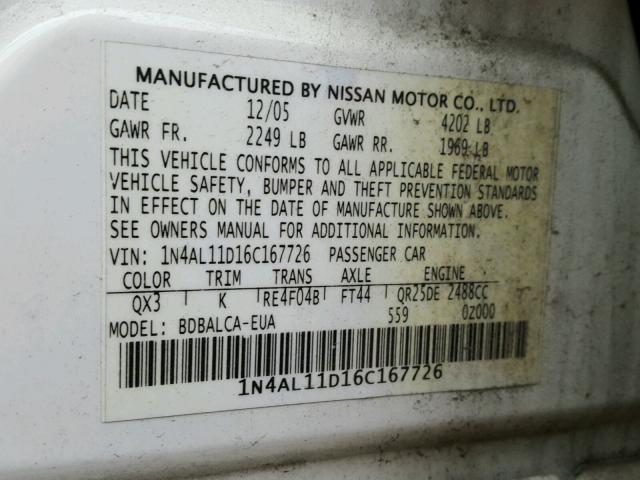 1N4AL11D16C167726 - 2006 NISSAN ALTIMA S WHITE photo 10