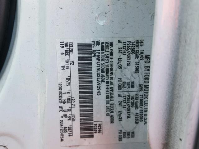 1FMPU15L33LA92943 - 2003 FORD EXPEDITION WHITE photo 10