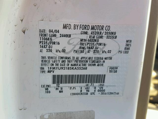 1FMYU93185KA55268 - 2005 FORD ESCAPE XLT WHITE photo 10