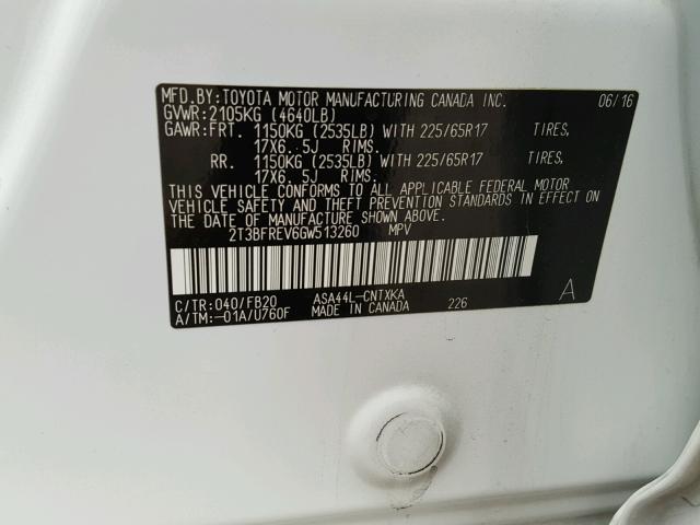 2T3BFREV6GW513260 - 2016 TOYOTA RAV4 LE Ağ foto 10