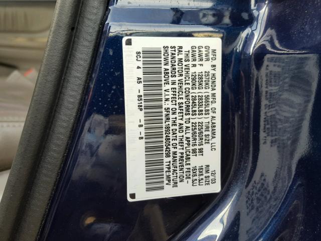 5FNRL18924B054298 - 2004 HONDA ODYSSEY EX BLUE photo 10