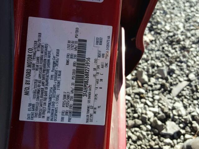 3FAHP08Z68R275956 - 2008 FORD FUSION SEL RED photo 10