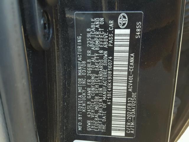 4T1BE46K49U816074 - 2009 TOYOTA CAMRY BASE BLACK photo 10