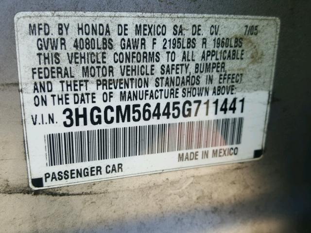 3HGCM56445G711441 - 2005 HONDA ACCORD LX SILVER photo 10