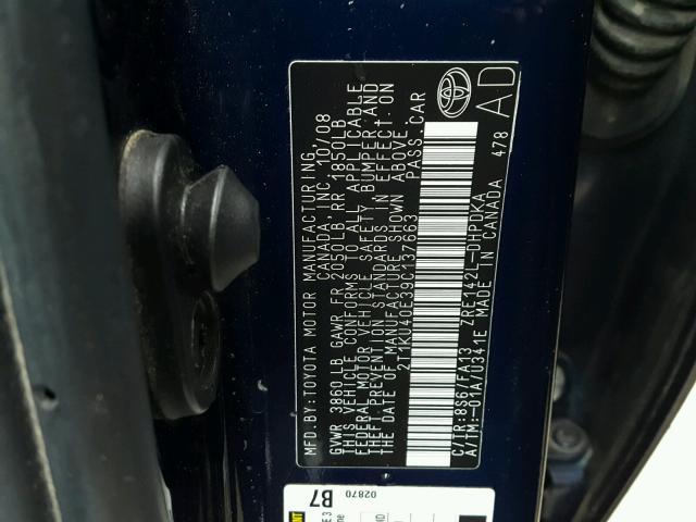 2T1KU40E39C137663 - 2009 TOYOTA COROLLA MA BLUE photo 10