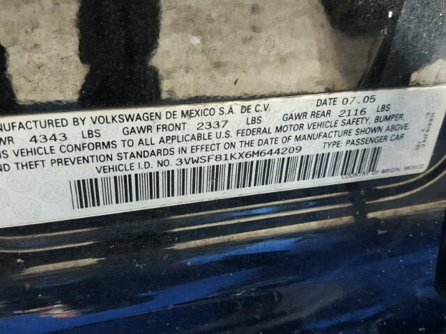 3VWSF81KX6M644209 - 2006 VOLKSWAGEN JETTA 2.5 BLACK photo 10