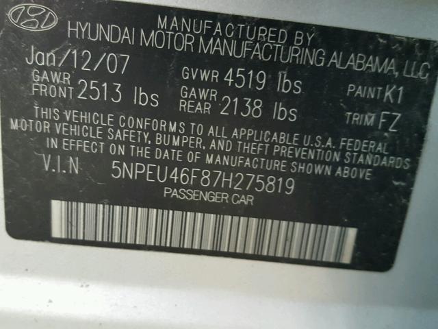 5NPEU46F87H275819 - 2007 HYUNDAI SONATA SE SILVER photo 10