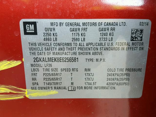 2GKALMEK8E6256581 - 2014 GMC TERRAIN SL RED photo 10