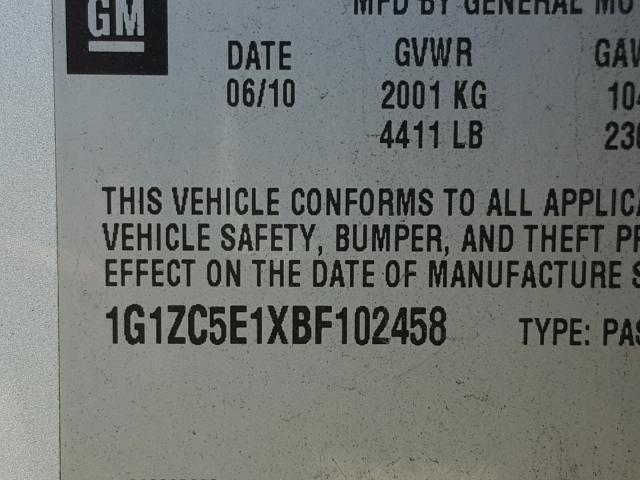 1G1ZC5E1XBF102458 - 2011 CHEVROLET MALIBU 1LT 银色 照片 10