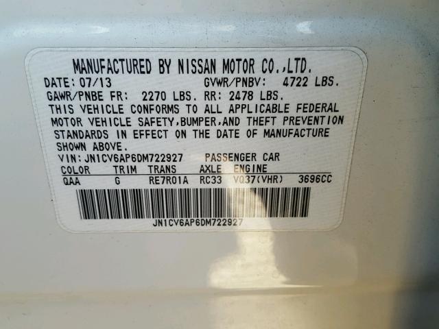 JN1CV6AP6DM722927 - 2013 INFINITI G37 BASE WHITE photo 10