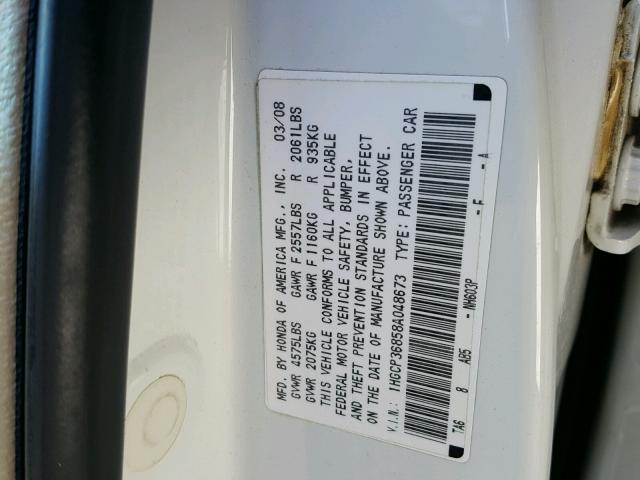 1HGCP36858A048673 - 2008 HONDA ACCORD EXL WHITE photo 10