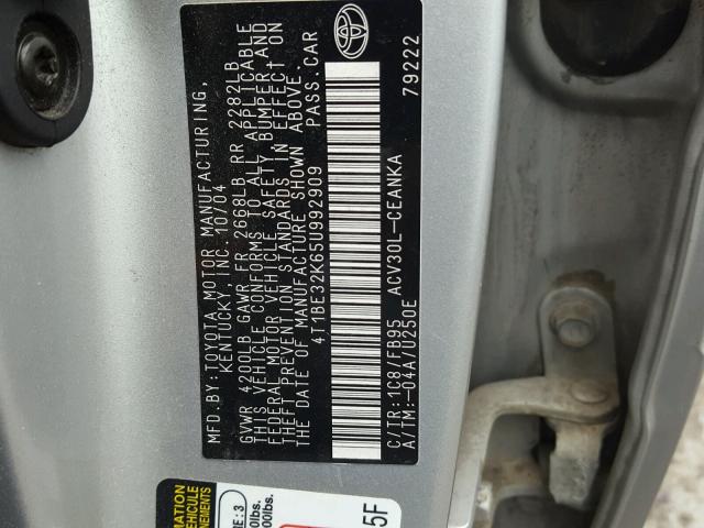 4T1BE32K65U992909 - 2005 TOYOTA CAMRY LE SILVER photo 10