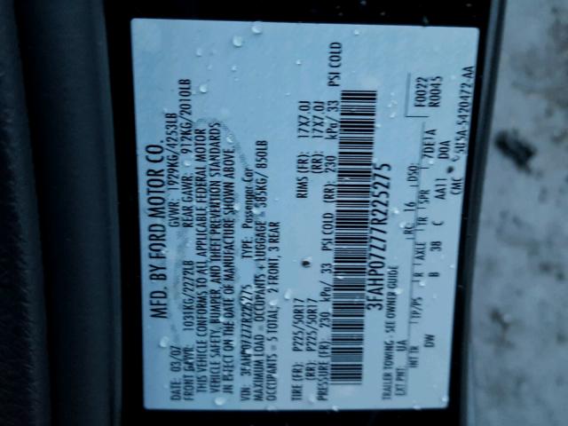 3FAHP07Z77R225275 - 2007 FORD FUSION SE BLACK photo 10