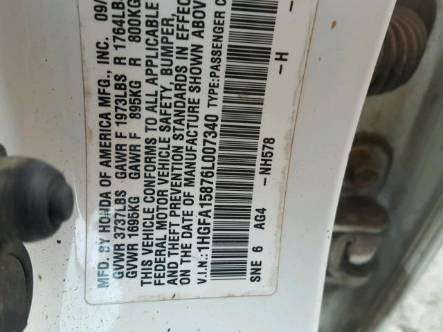 1HGFA15876L007340 - 2006 HONDA CIVIC EX WHITE photo 10