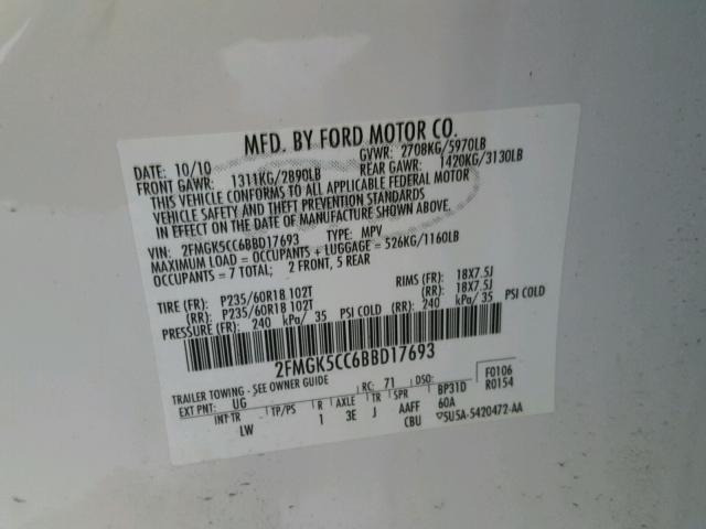 2FMGK5CC6BBD17693 - 2011 FORD FLEX SEL Ağ foto 10