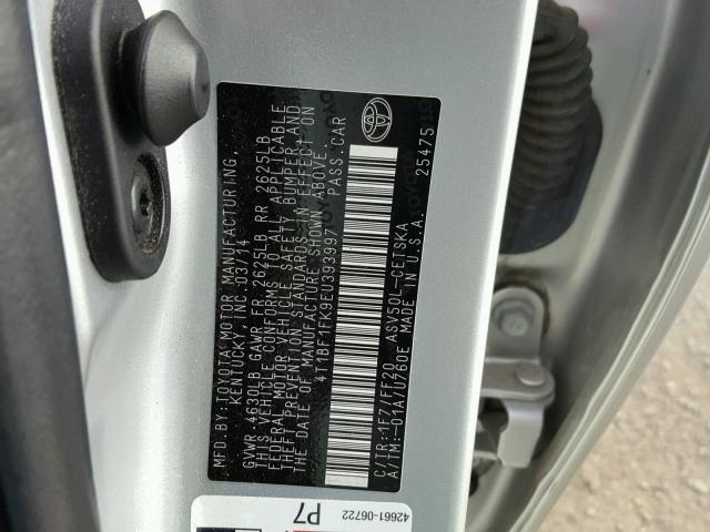 4T1BF1FK9EU393997 - 2014 TOYOTA CAMRY L SILVER photo 10