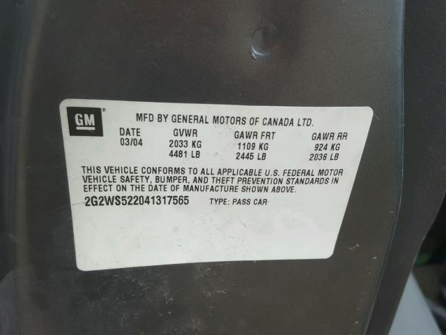 2G2WS522041317565 - 2004 PONTIAC GRAND PRIX Сұр фото 10