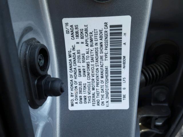 2HGFC1F72GH636941 - 2016 HONDA CIVIC EXL GRAY photo 10