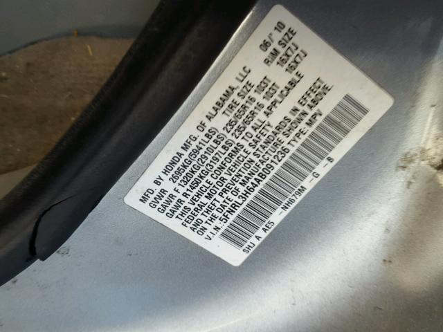 5FNRL3H64AB091236 - 2010 HONDA ODYSSEY EX SILVER photo 10