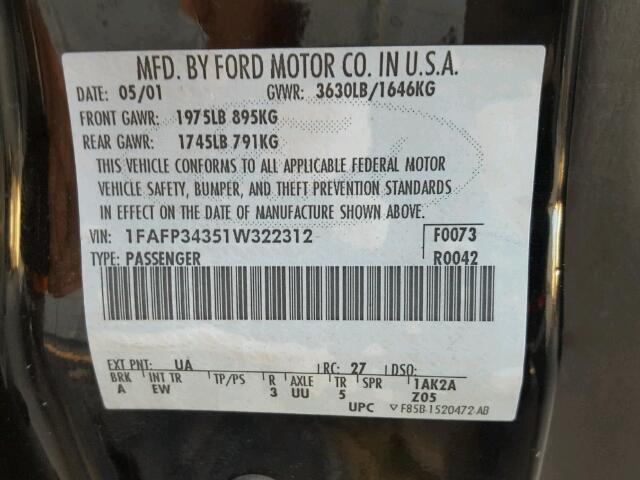 1FAFP34351W322312 - 2001 FORD FOCUS SE BLACK photo 10