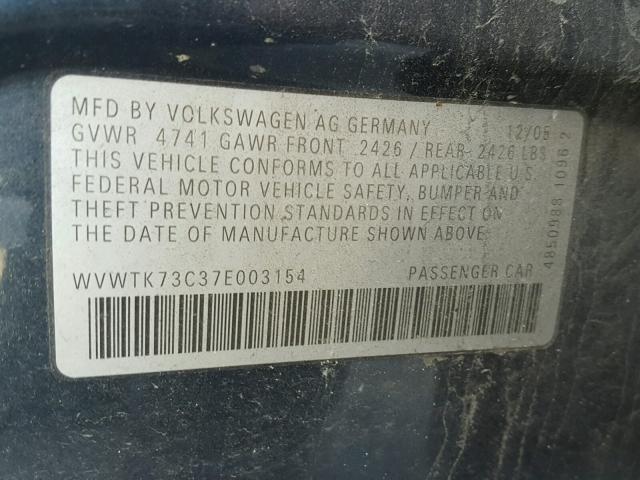 WVWTK73C37E003154 - 2007 VOLKSWAGEN PASSAT 2.0 GRAY photo 10