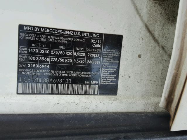 4JGBF7BE8BA698133 - 2011 MERCEDES-BENZ GL 450 4MA WHITE photo 10
