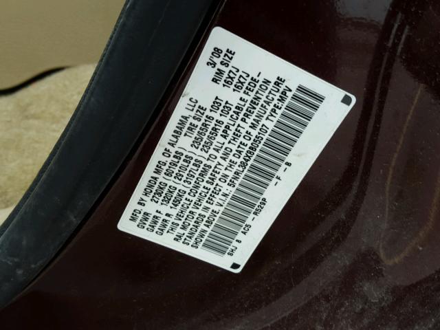5FNRL384X8B055107 - 2008 HONDA ODYSSEY EX MAROON photo 10