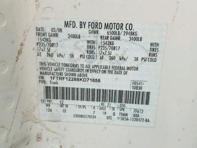 1FTRF12288KD71658 - 2008 FORD F150 WHITE photo 10