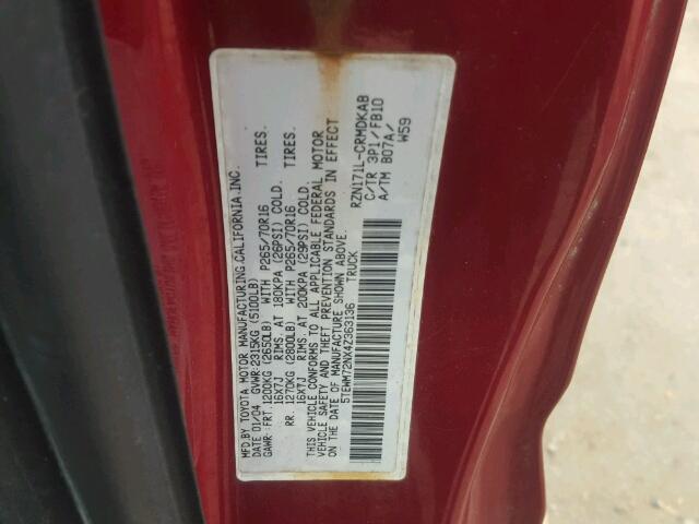 5TEWM72NX4Z363136 - 2004 TOYOTA TACOMA XTR RED photo 10