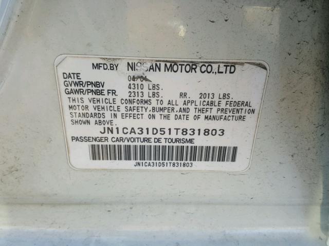 JN1CA31D51T831803 - 2001 NISSAN MAXIMA GXE WHITE photo 10