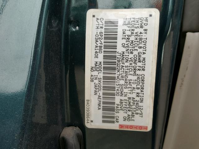 JT2BG22K7W0157430 - 1998 TOYOTA CAMRY CE GREEN photo 10