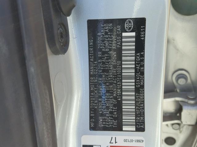 4T1BK1EB7EU100210 - 2014 TOYOTA AVALON BAS SILVER photo 10