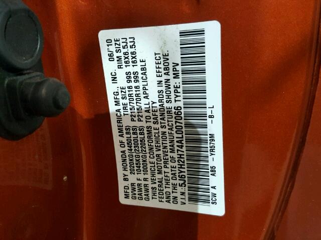 5J6YH2H74AL007066 - 2010 HONDA ELEMENT EX ORANGE photo 10