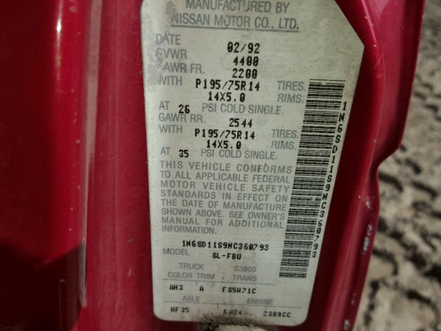 1N6SD11S9NC360793 - 1992 NISSAN TRUCK SHOR RED photo 10