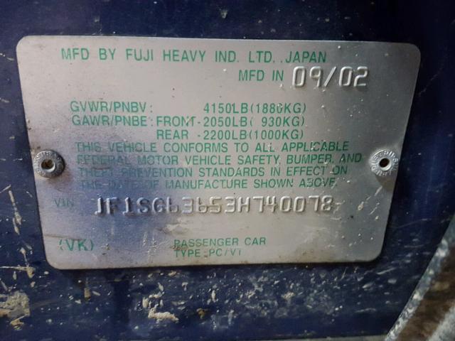 JF1SG63653H740078 - 2003 SUBARU FORESTER 2 BLUE photo 10