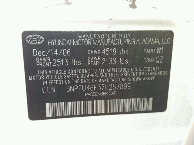 5NPEU46F37H267899 - 2007 HYUNDAI SONATA SE WHITE photo 10