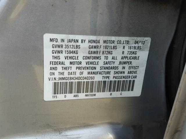 JHMGE8H34DC040260 - 2013 HONDA FIT SILVER photo 10