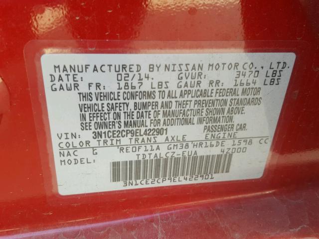 3N1CE2CP9EL422901 - 2014 NISSAN VERSA NOTE RED photo 10