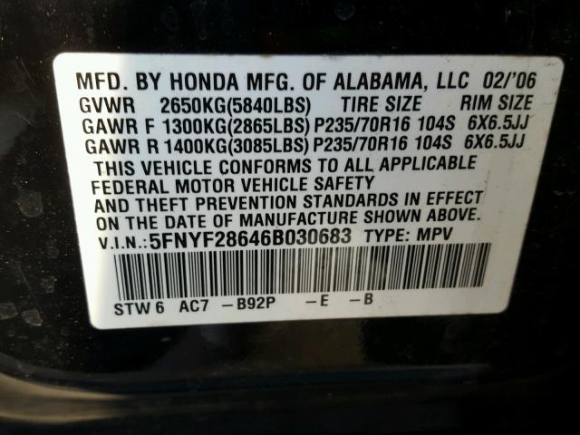 5FNYF28646B030683 - 2006 HONDA PILOT EX BLACK photo 10