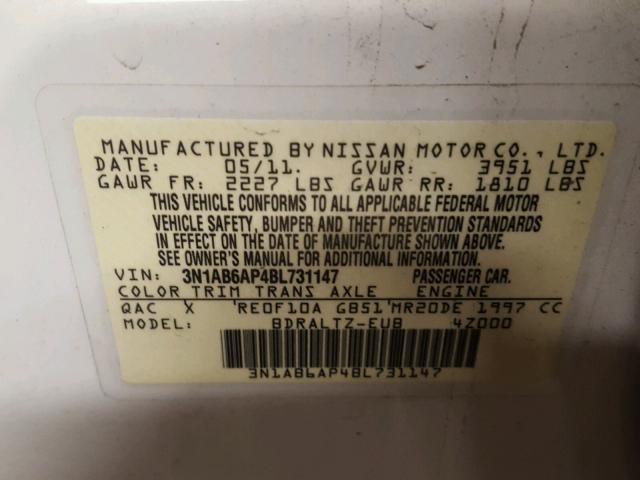 3N1AB6AP4BL731147 - 2011 NISSAN SENTRA 2.0 WHITE photo 10