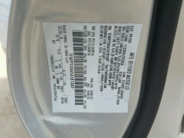 1FAFP53U65A181307 - 2005 FORD TAURUS SE SILVER photo 10