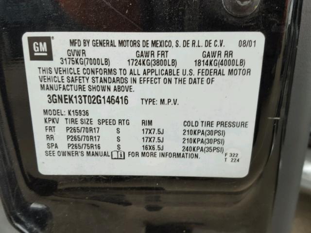 3GNEK13T02G146416 - 2002 CHEVROLET AVALANCHE BLACK photo 10