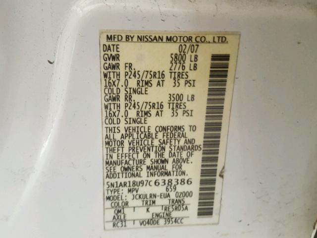 5N1AR18U97C638386 - 2007 NISSAN PATHFINDER WHITE photo 10