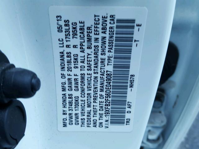 19XFB2F56DE049087 - 2013 HONDA CIVIC LX WHITE photo 10