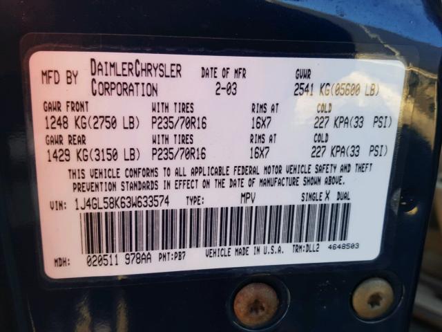 1J4GL58K63W633574 - 2003 JEEP LIBERTY LI BLUE photo 10