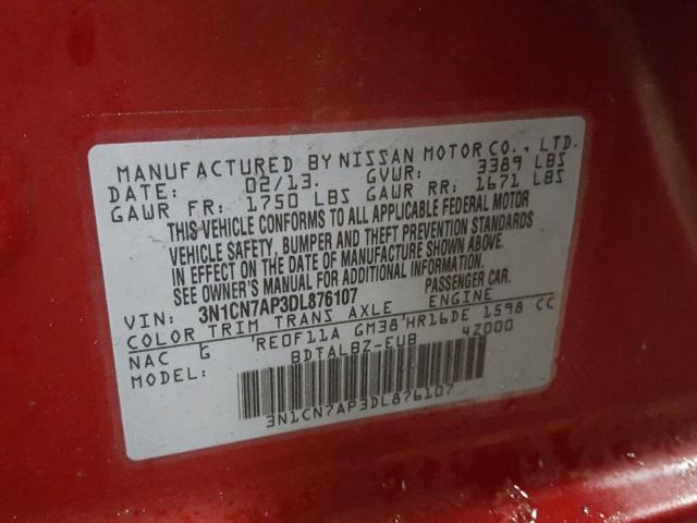 3N1CN7AP3DL876107 - 2013 NISSAN VERSA S RED photo 10