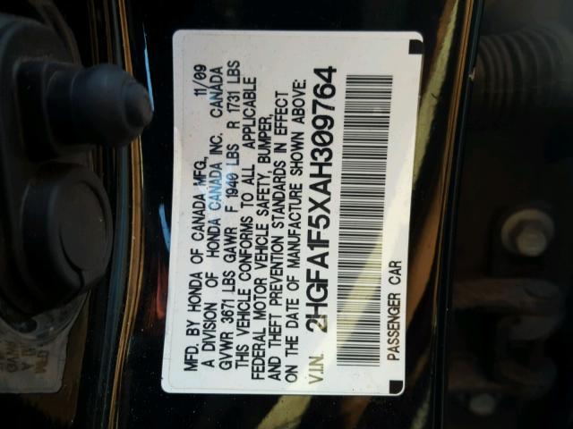 2HGFA1F5XAH309764 - 2010 HONDA CIVIC LX BLACK photo 10