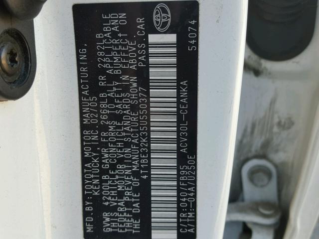 4T1BE32K35U550377 - 2005 TOYOTA CAMRY LE თეთრი ფოტო 10